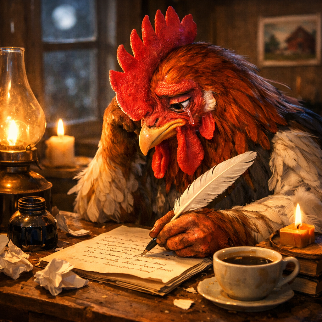 Rooster with a feather pen writing on paper, crying, indoors by candlelight